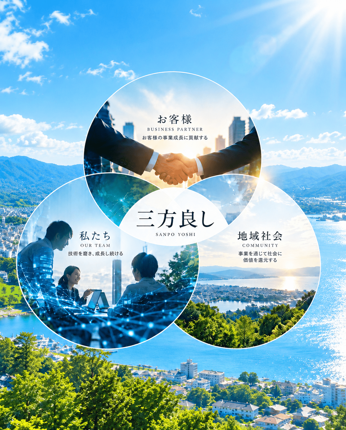 「お客様」「私たち」「地域社会」の三つの円が重なる三方良しのイメージ